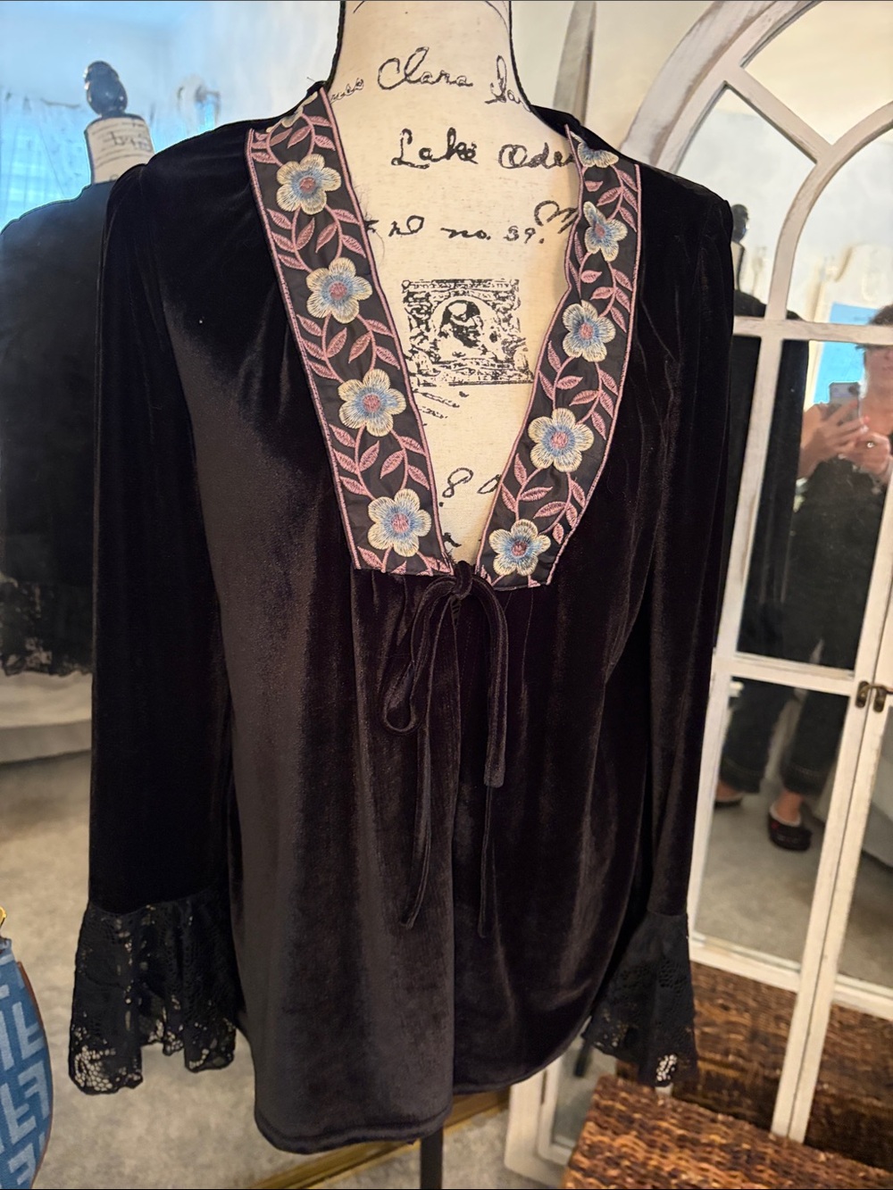 INC International Concepts Black Velvet Tie-Front Top with Floral Trim